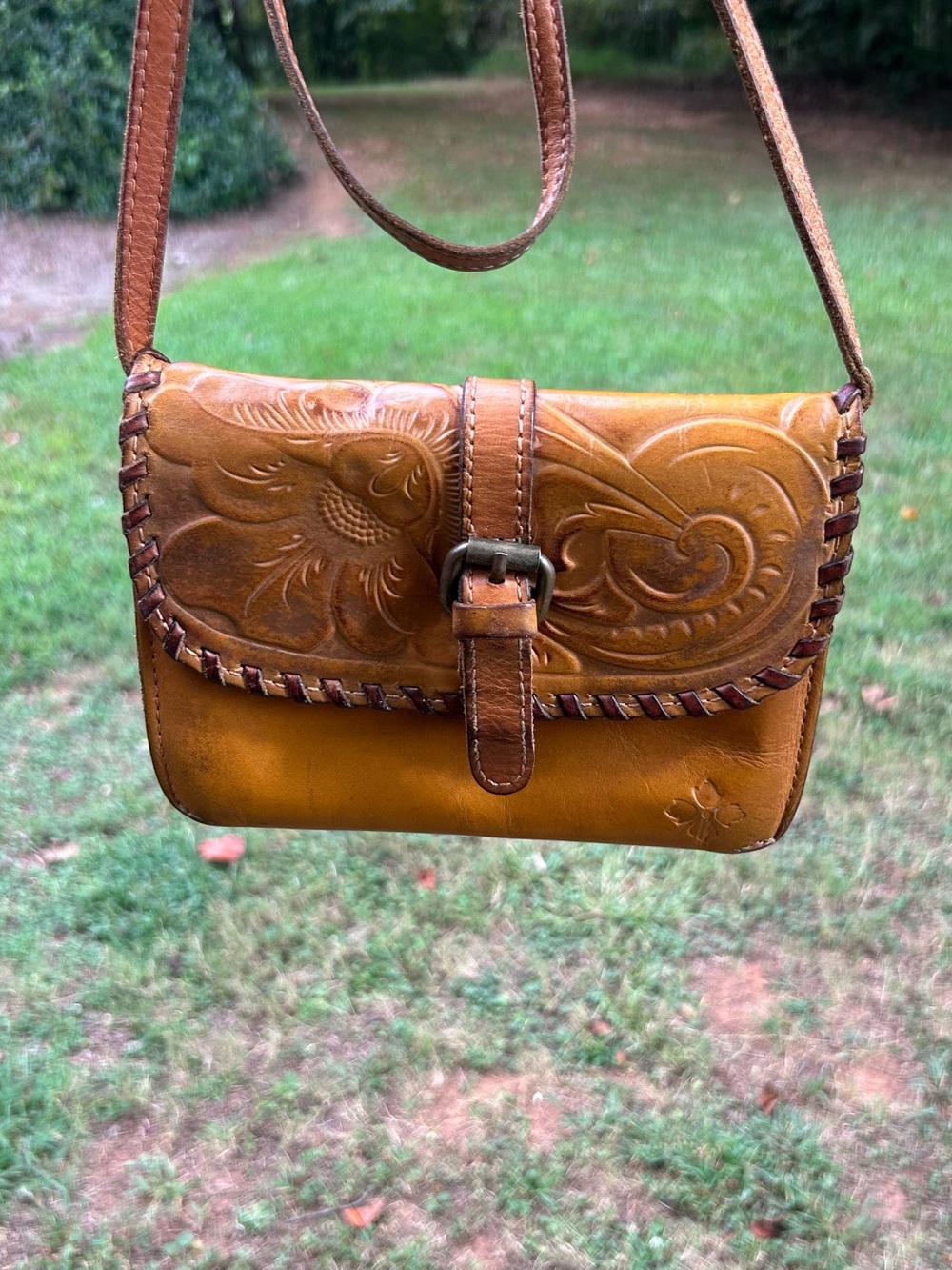 Patricia Nash Tooled Tan Leather Crossbody Flap Bag Floral
